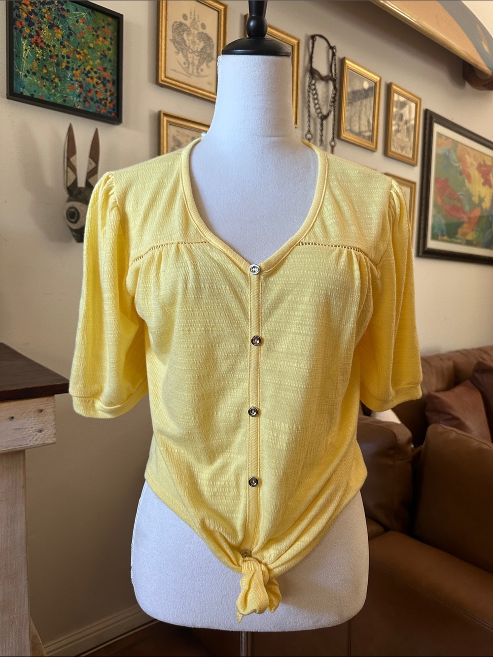 Adrienne Vittadini Sunny Yellow Button-Front Tie Hem Top